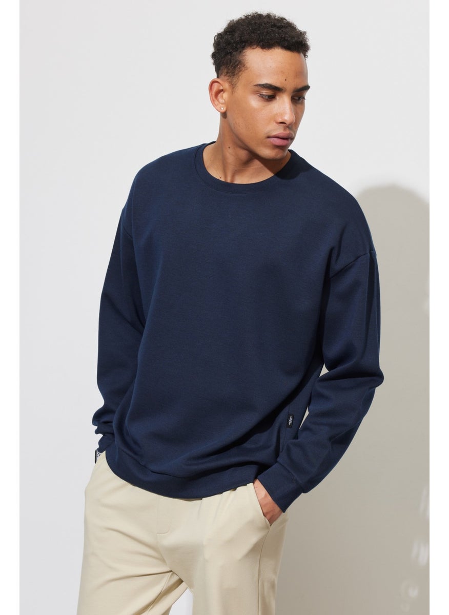 Men's Navy Blue Oversize Loose Cut Crew Neck Plain Sweatshirt