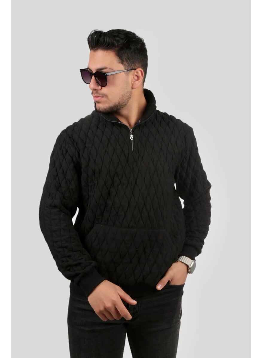 Black Quilted Detailed Half Zipper Regular Fit Sweatshirt - 2326