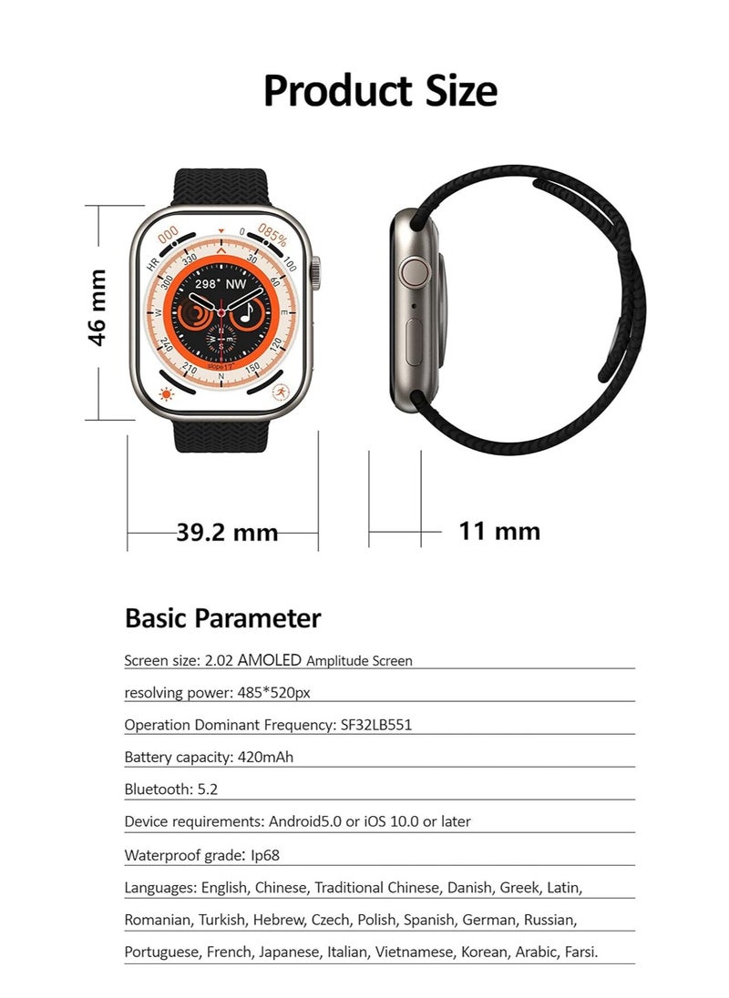 9 Pro Max Smart Watch - 2.02 Inch Full Touch Screen & Wireless Charging