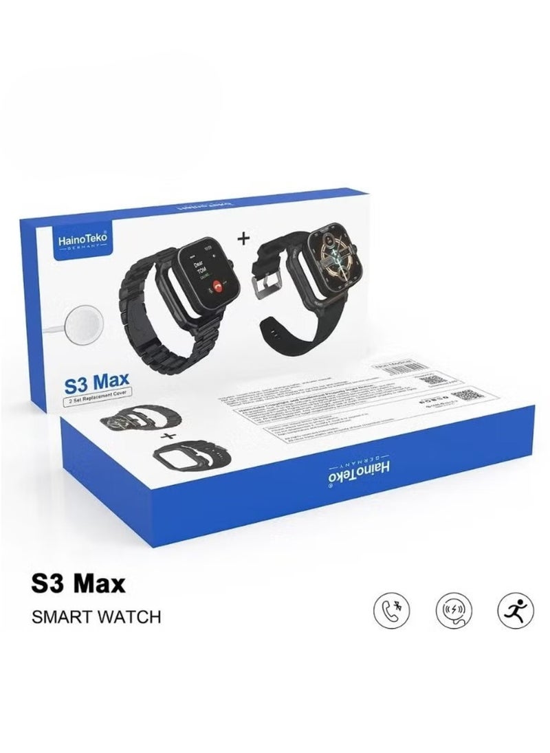 Germany S3 Max Smart Watch – Includes 2 Straps, Dial Case, and Wireless Charger for Men & Boys (Black)