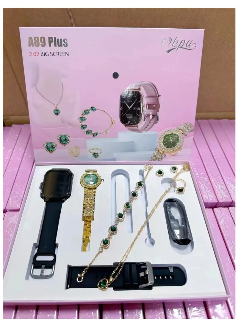 6 IN1 Smart Watch A89 Series Supports Bluetooth Call Ultra Long Endurance Sleep Monitoring + Additional Women's  Set Small Gold Watch Necklace Ring Earrings Bracelet Set Gift Box.