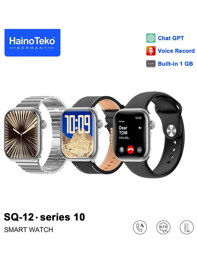 HainoTeko SQ-12 Series 10 Smart Watch with AMOLED Display Chat GPT Video Recording and 3 Pair Straps Designed for Ladies and Gents Silver