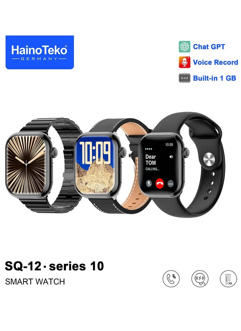 HainoTeko SQ-12 Series 10 Smart Watch with AMOLED Display Chat GPT Video Recording and 3 Pair Straps Designed for Ladies and Gents Black