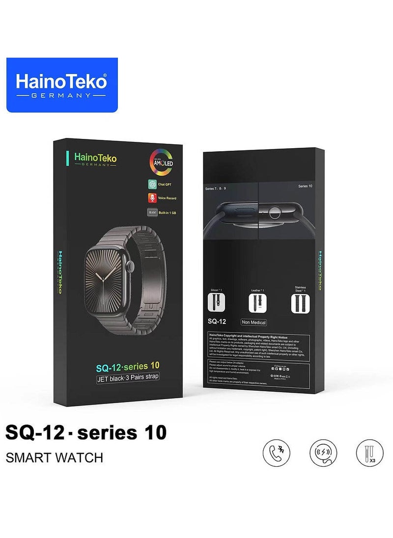 HainoTeko SQ-12 Series 10 Smart Watch with AMOLED Display Chat GPT Video Recording and 3 Pair Straps Designed for Ladies and Gents Black