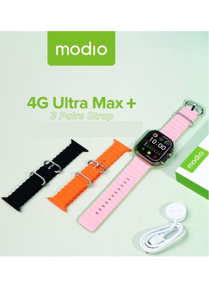 Modio 4G Ultra Max Plus Smart Watch With 2.2 Inch HD Screen Sim Card Slot and 3 Pair Straps For Ladies and Gents