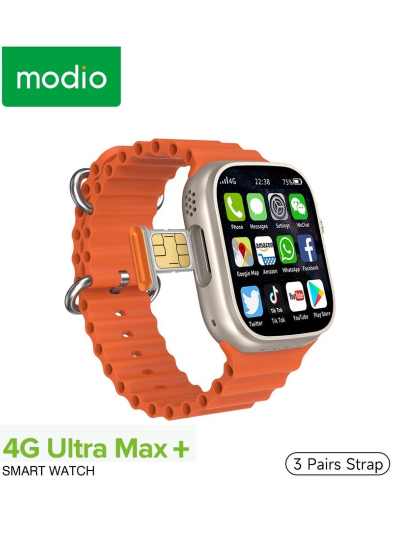 Modio 4G Ultra Max Plus Smart Watch With 2.2 Inch HD Screen Sim Card Slot and 3 Pair Straps For Ladies and Gents