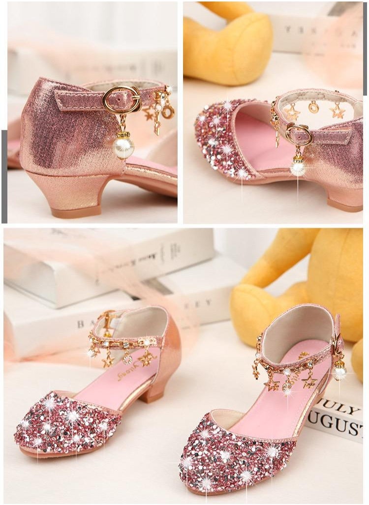 Children High Heel Princess Kids Leather Shoes Summer New Girls Sandals Flower Casual Glitter Crystal Student Party Banquet Shoe