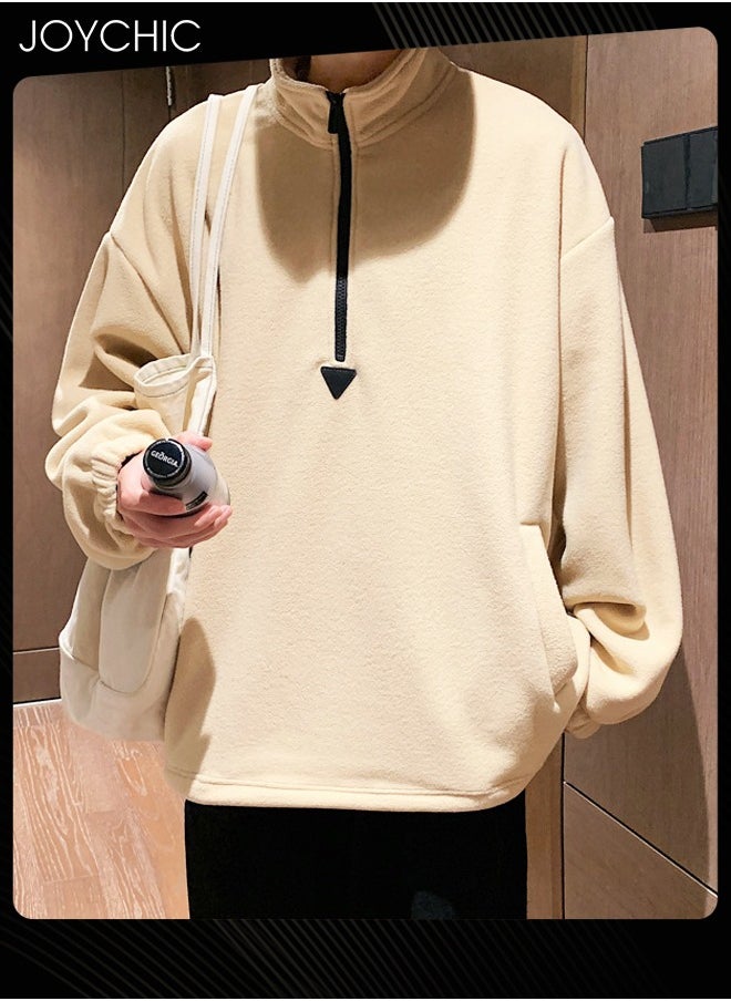 Classic Solid Color Long Sleeve Half Zipped Pullover Hoodie Autumn and Winter Outdoor Warm Sweatshirt for Men  Khaki