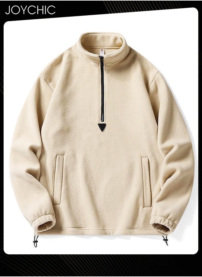 Classic Solid Color Long Sleeve Half Zipped Pullover Hoodie Autumn and Winter Outdoor Warm Sweatshirt for Men  Khaki