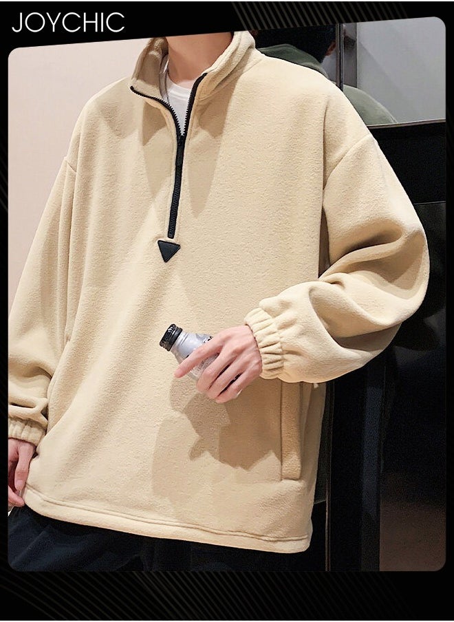 Classic Solid Color Long Sleeve Half Zipped Pullover Hoodie Autumn and Winter Outdoor Warm Sweatshirt for Men  Khaki