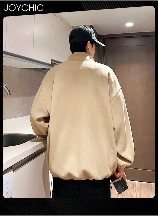 Classic Solid Color Long Sleeve Half Zipped Pullover Hoodie Autumn and Winter Outdoor Warm Sweatshirt for Men  Khaki