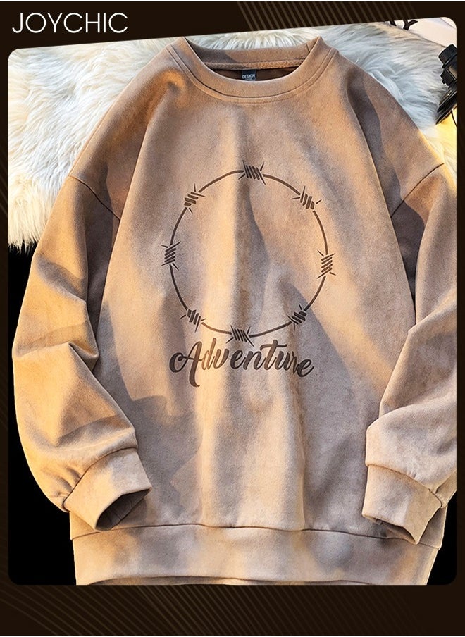 Spring and Autumn Trendy Printing Long Sleeve Pullover Hoodie Suede Round Neck Warm Sweatshirt for Men Coffee