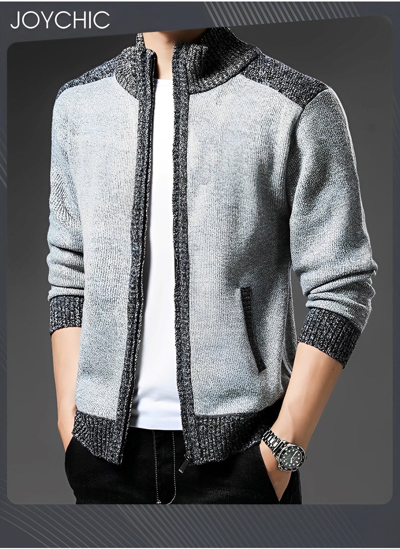 Autumn And Winter Men  Cardigan Coat Warm Sweater Jacket Long Sleeve Block Stand Collar Wool Men Zipper Knitted Thick Coat Light Grey