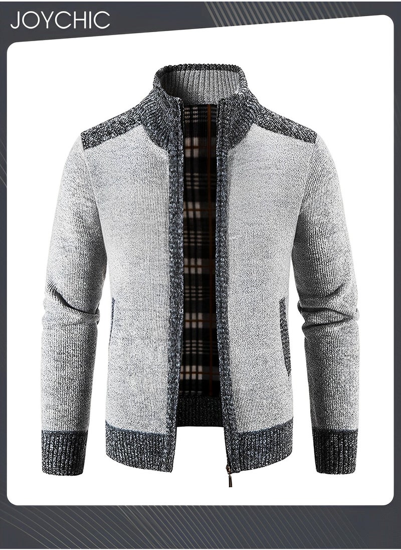 Autumn And Winter Men  Cardigan Coat Warm Sweater Jacket Long Sleeve Block Stand Collar Wool Men Zipper Knitted Thick Coat Light Grey