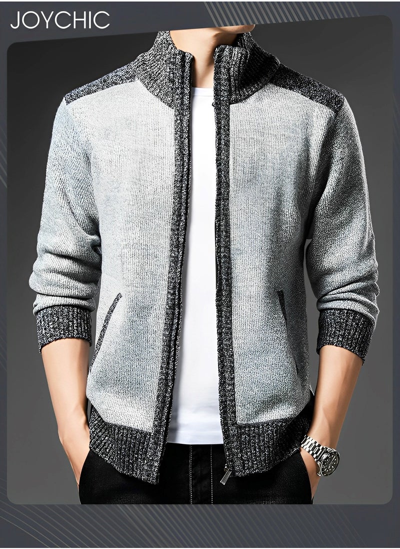 Autumn And Winter Men  Cardigan Coat Warm Sweater Jacket Long Sleeve Block Stand Collar Wool Men Zipper Knitted Thick Coat Light Grey