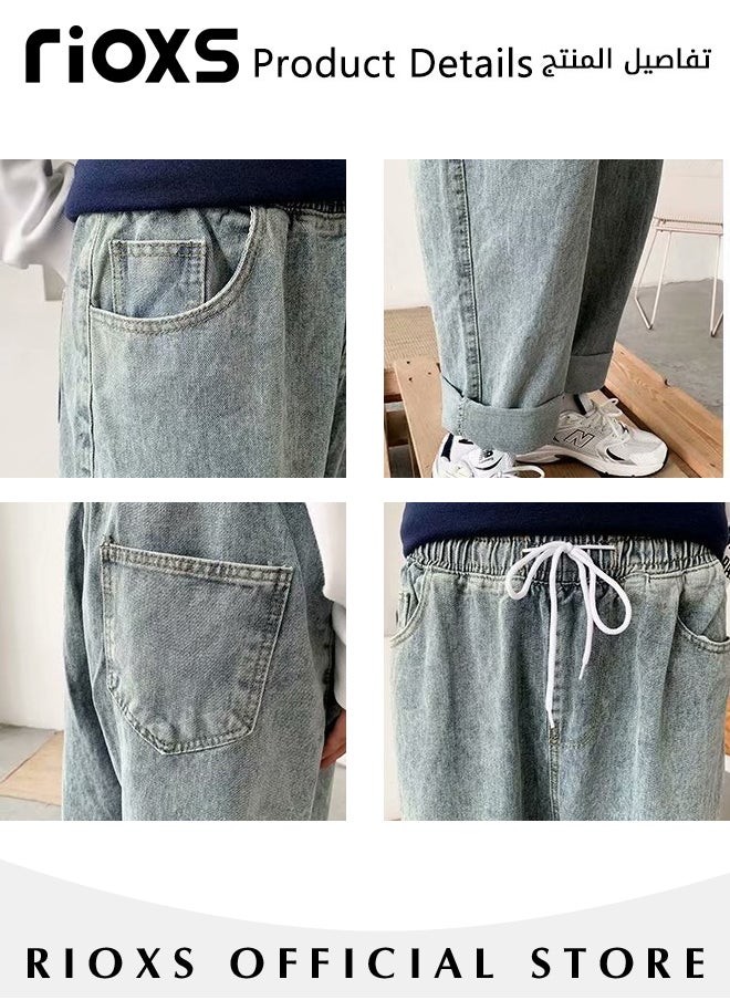 Men's Casual Loose Jeans, Straight Leg Denim Pants, Stylish Trousers, Comfortable Straight-Fit Jeans, Elastic Waist Downstring Long Pants with 4 Pockets, Perfect for Everyday Wear