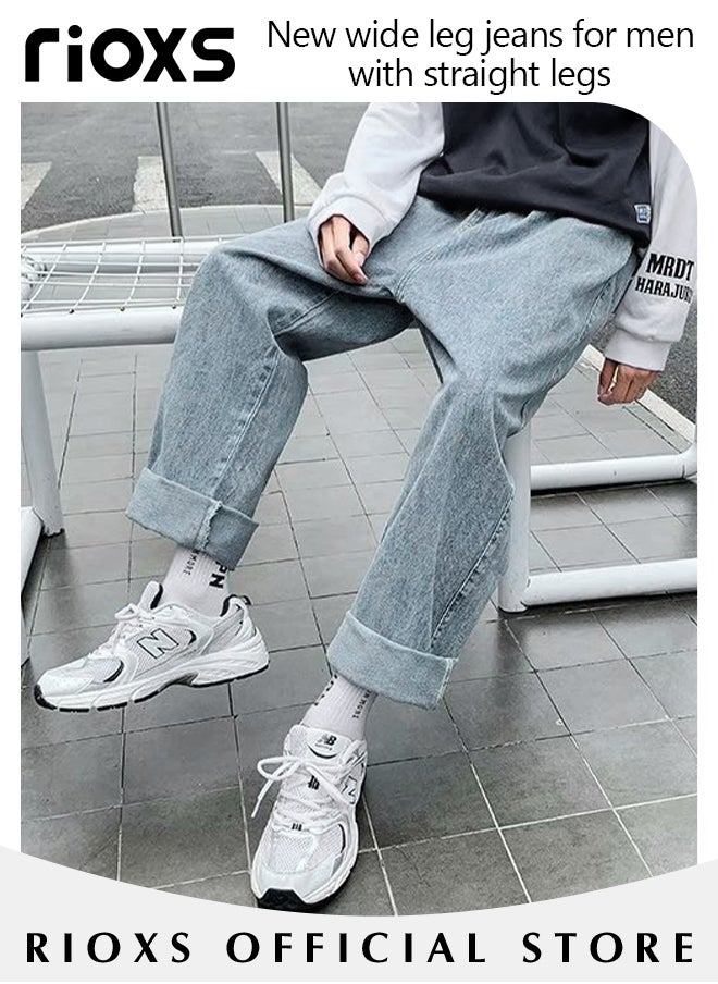 Men's Casual Loose Jeans, Straight Leg Denim Pants, Stylish Trousers, Comfortable Straight-Fit Jeans, Elastic Waist Downstring Long Pants with 4 Pockets, Perfect for Everyday Wear