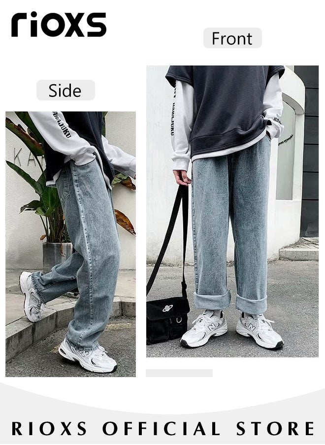 Men's Casual Loose Jeans, Straight Leg Denim Pants, Stylish Trousers, Comfortable Straight-Fit Jeans, Elastic Waist Downstring Long Pants with 4 Pockets, Perfect for Everyday Wear