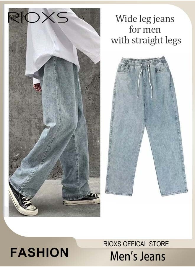 Men's Casual Loose Jeans, Straight Leg Denim Pants, Stylish Trousers, Comfortable Straight-Fit Jeans, Elastic Waist Downstring Long Pants with 4 Pockets, Perfect for Everyday Wear