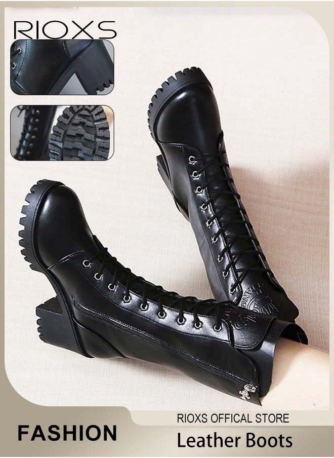 Women's Mid Calf Fall Winter Boots Ladies Fashion Casual Leather Mid-high Boots Side Zipper 9-Eye Lace Up High Heel Comfortable Rider Boots