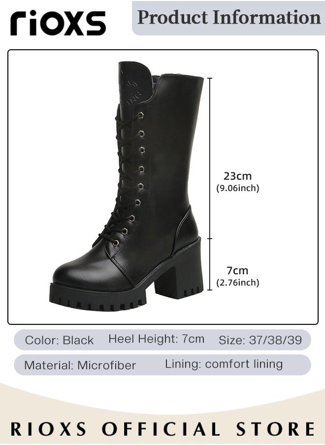 Women's Mid Calf Fall Winter Boots Ladies Fashion Casual Leather Mid-high Boots Side Zipper 9-Eye Lace Up High Heel Comfortable Rider Boots