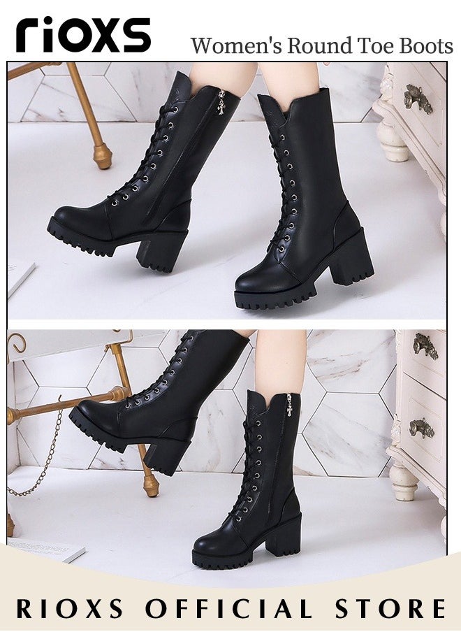 Women's Mid Calf Fall Winter Boots Ladies Fashion Casual Leather Mid-high Boots Side Zipper 9-Eye Lace Up High Heel Comfortable Rider Boots