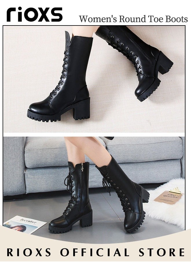 Women's Mid Calf Fall Winter Boots Ladies Fashion Casual Leather Mid-high Boots Side Zipper 9-Eye Lace Up High Heel Comfortable Rider Boots