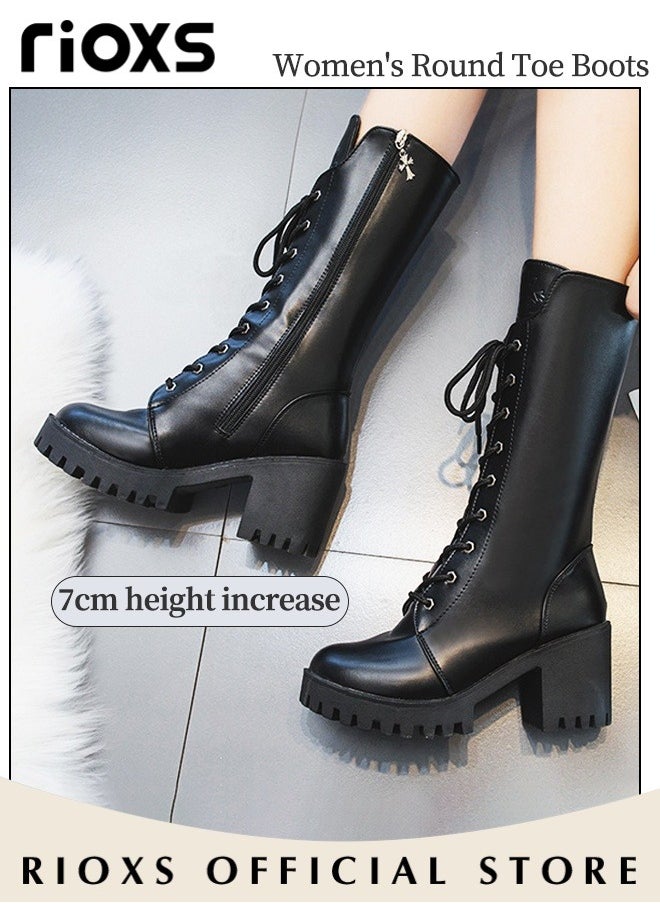 Women's Mid Calf Fall Winter Boots Ladies Fashion Casual Leather Mid-high Boots Side Zipper 9-Eye Lace Up High Heel Comfortable Rider Boots