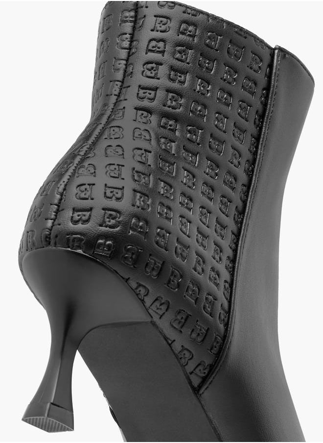 Women Monogram Embossed Ankle Boots with Kitten Heels and Zip Closure