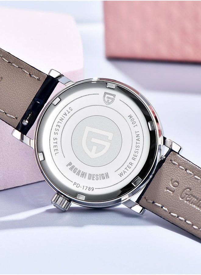 Women's Quartz Watches, Fashionable And Elegant, Silver-White Dial, Leather Strap PD1789 White