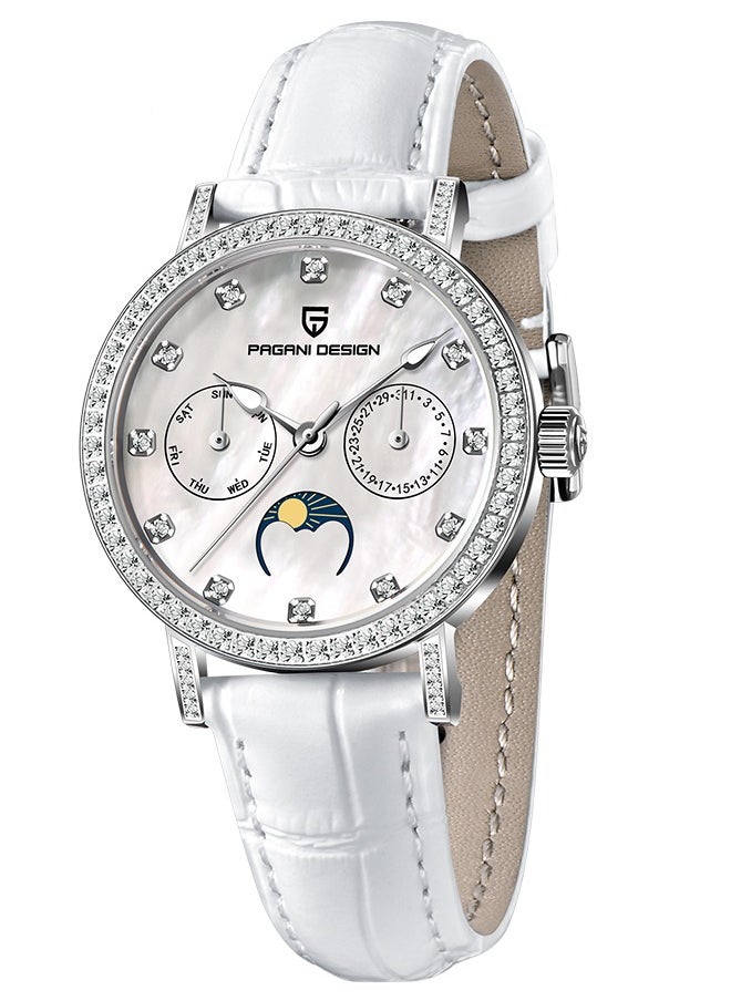 Women's Quartz Watches, Fashionable And Elegant, Silver-White Dial, Leather Strap PD1789 White