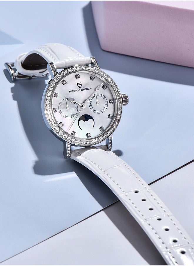 Women's Quartz Watches, Fashionable And Elegant, Silver-White Dial, Leather Strap PD1789 White