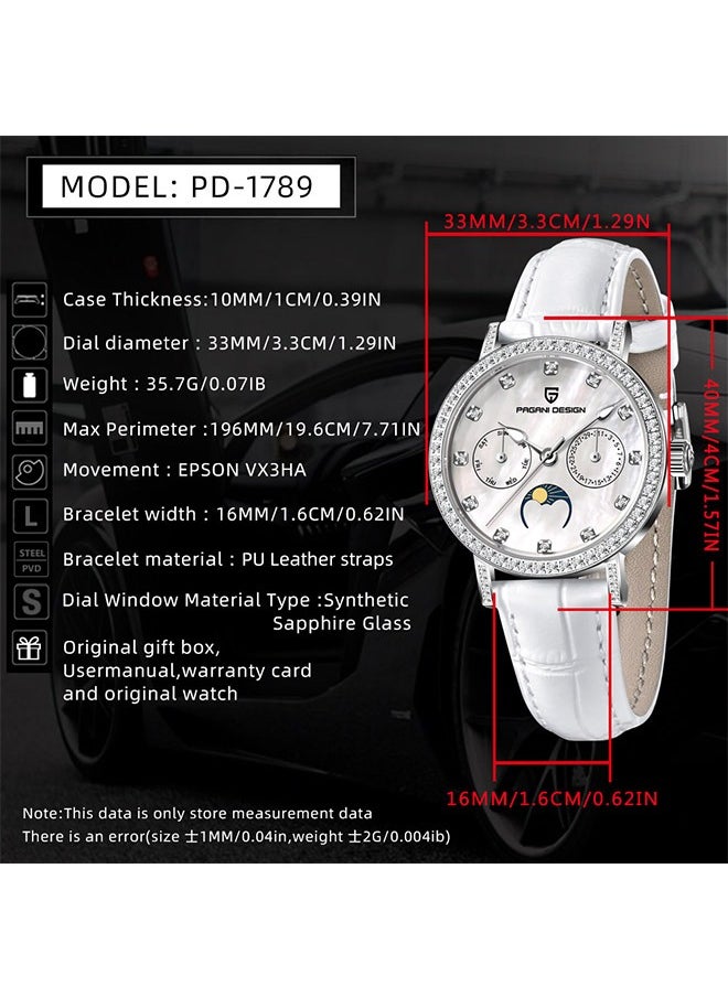 Women's Quartz Watches, Fashionable And Elegant, Silver-White Dial, Leather Strap PD1789 White