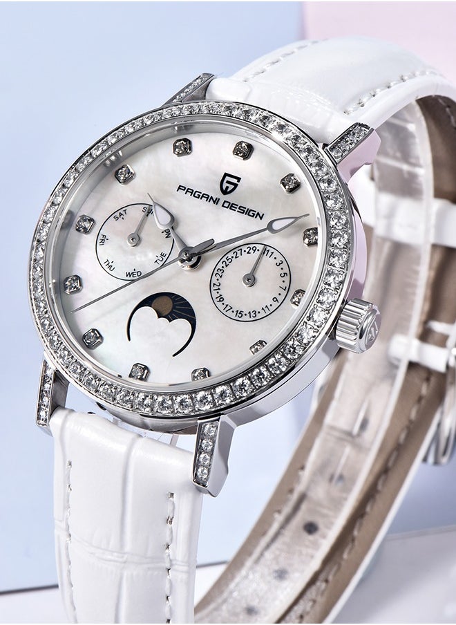 Women's Quartz Watches, Fashionable And Elegant, Silver-White Dial, Leather Strap PD1789 White