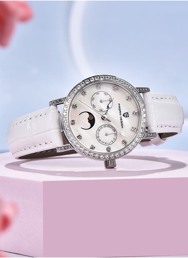 Women's Quartz Watches, Fashionable And Elegant, Silver-White Dial, Leather Strap PD1789 White