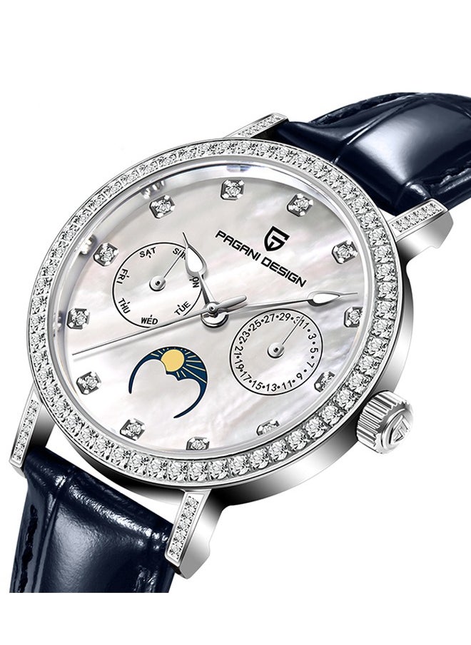 Women's Quartz Watches, Fashionable And Elegant, Silver-White Dial, Leather Strap PD1789 Blue