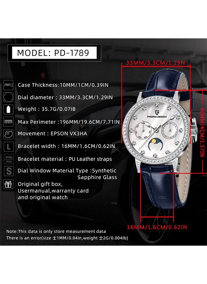 Women's Quartz Watches, Fashionable And Elegant, Silver-White Dial, Leather Strap PD1789 Blue