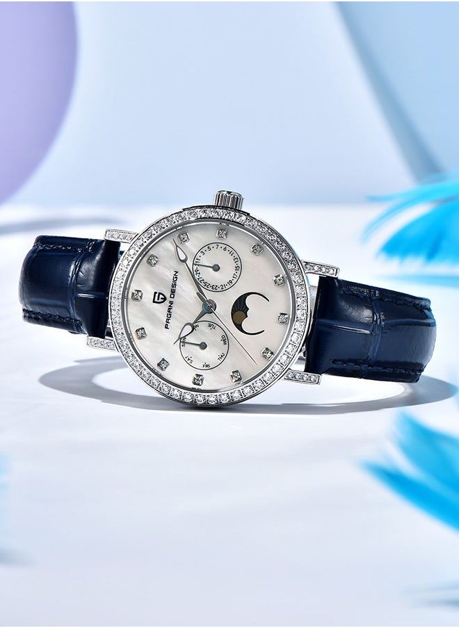 Women's Quartz Watches, Fashionable And Elegant, Silver-White Dial, Leather Strap PD1789 Blue