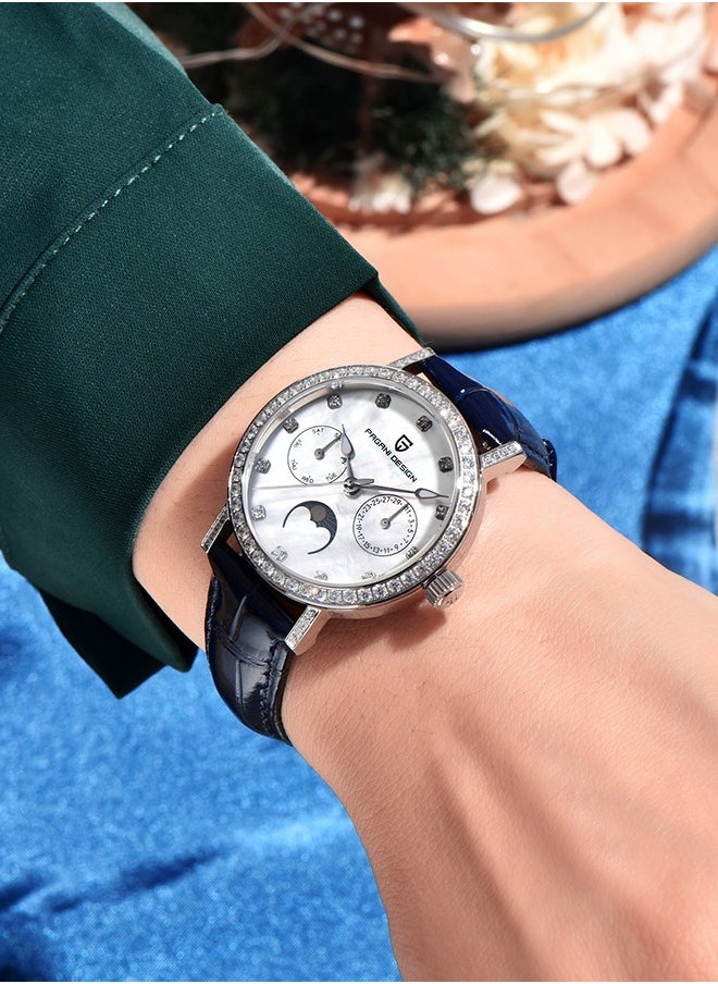 Women's Quartz Watches, Fashionable And Elegant, Silver-White Dial, Leather Strap PD1789 Blue