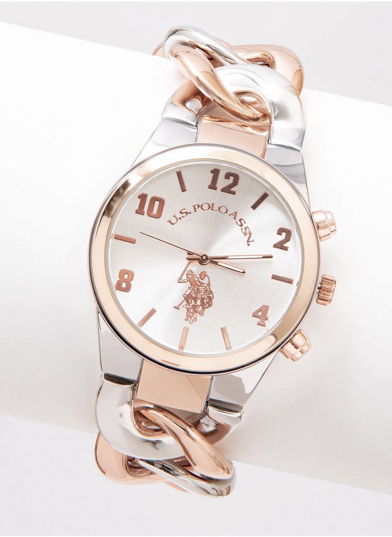 U.S. POLO ASSN. Women's Quartz Watch, Analog Display and Silver & Rose gold Plated Strap USC40176