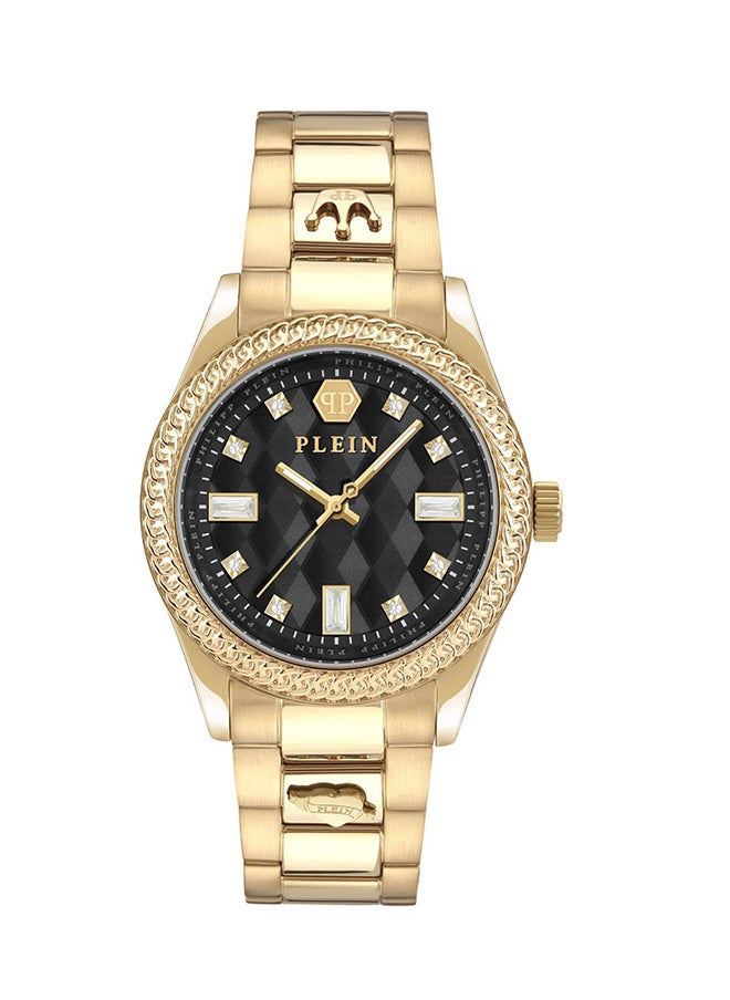 QUEEN Women’s 38mm Gold Watch by Philipp Plein with Triangular Pattern Dial, Crystal-Adorned Indices, Regal Design & 50m Water Resistance