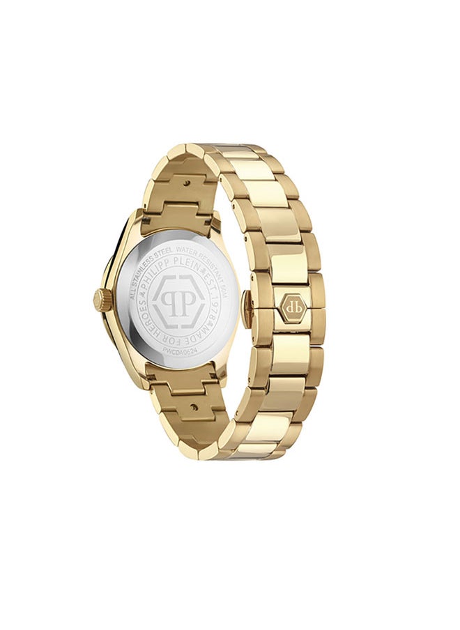 QUEEN Women’s 38mm Gold Watch by Philipp Plein with Triangular Pattern Dial, Crystal-Adorned Indices, Regal Design & 50m Water Resistance