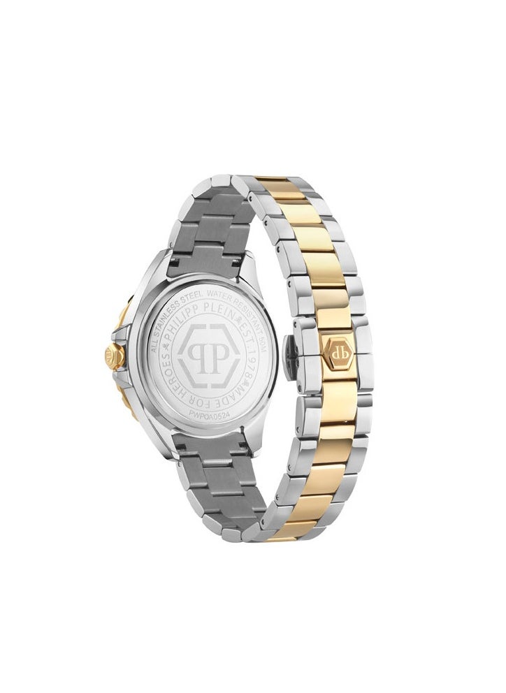 PLEIN HEAVEN Philipp Plein Women’s Watch, White Honeycomb Dial, Gold-Tone Bezel, Stainless Steel Bracelet, 38mm Case, 50m Water Resistant, 3 Hands Quartz Movement