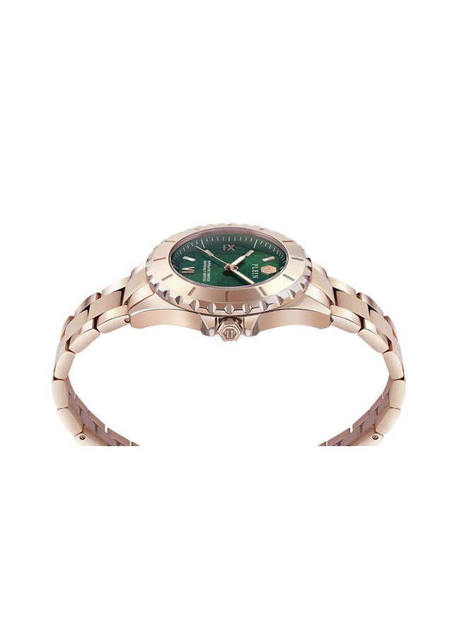 PLEIN HEAVEN Women's Watch with Emerald Green Honeycomb Dial by Philipp Plein, Gold-Tone Bezel, Roman Numerals, and Stainless Steel Bracelet - 38mm 3-Hand Quartz Timepiece