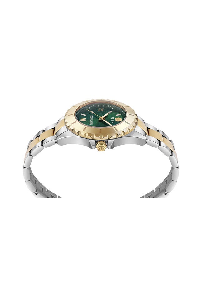 PLEIN HEAVEN Women’s 38mm Gold-Tone & Silver Stainless Steel Watch by Philipp Plein with Emerald Green Honeycomb Dial, Roman Numerals & 50m Water Resistance