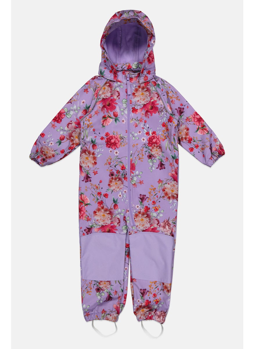 Toddlers Girl Floral Print Long Sleeve Fleece Romper, Purple Combo