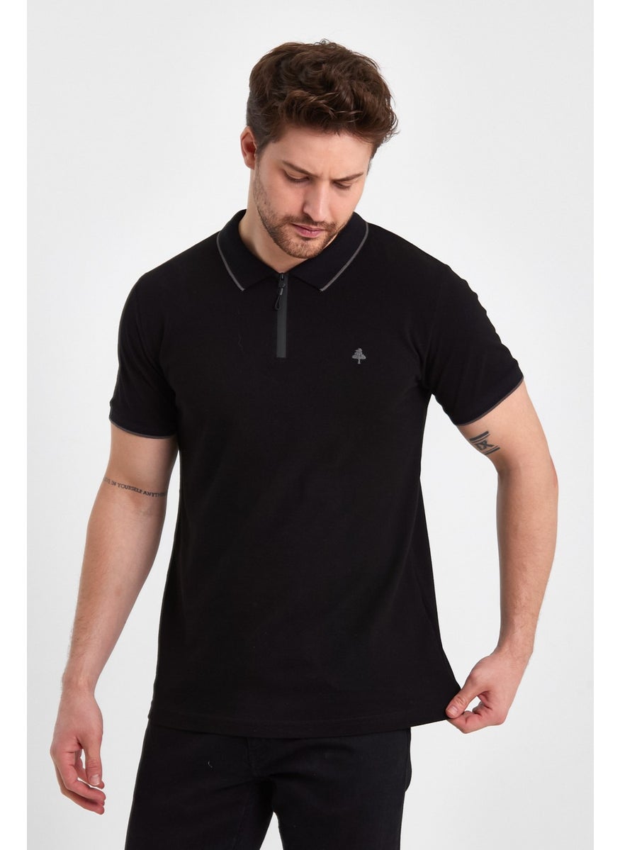 Polo Neck Zipper Collar Detailed Short Sleeve Embroidery Detailed Straight Fit Men's Black T-Shirt