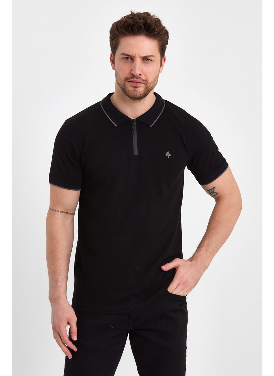 Polo Neck Zipper Collar Detailed Short Sleeve Embroidery Detailed Straight Fit Men's Black T-Shirt