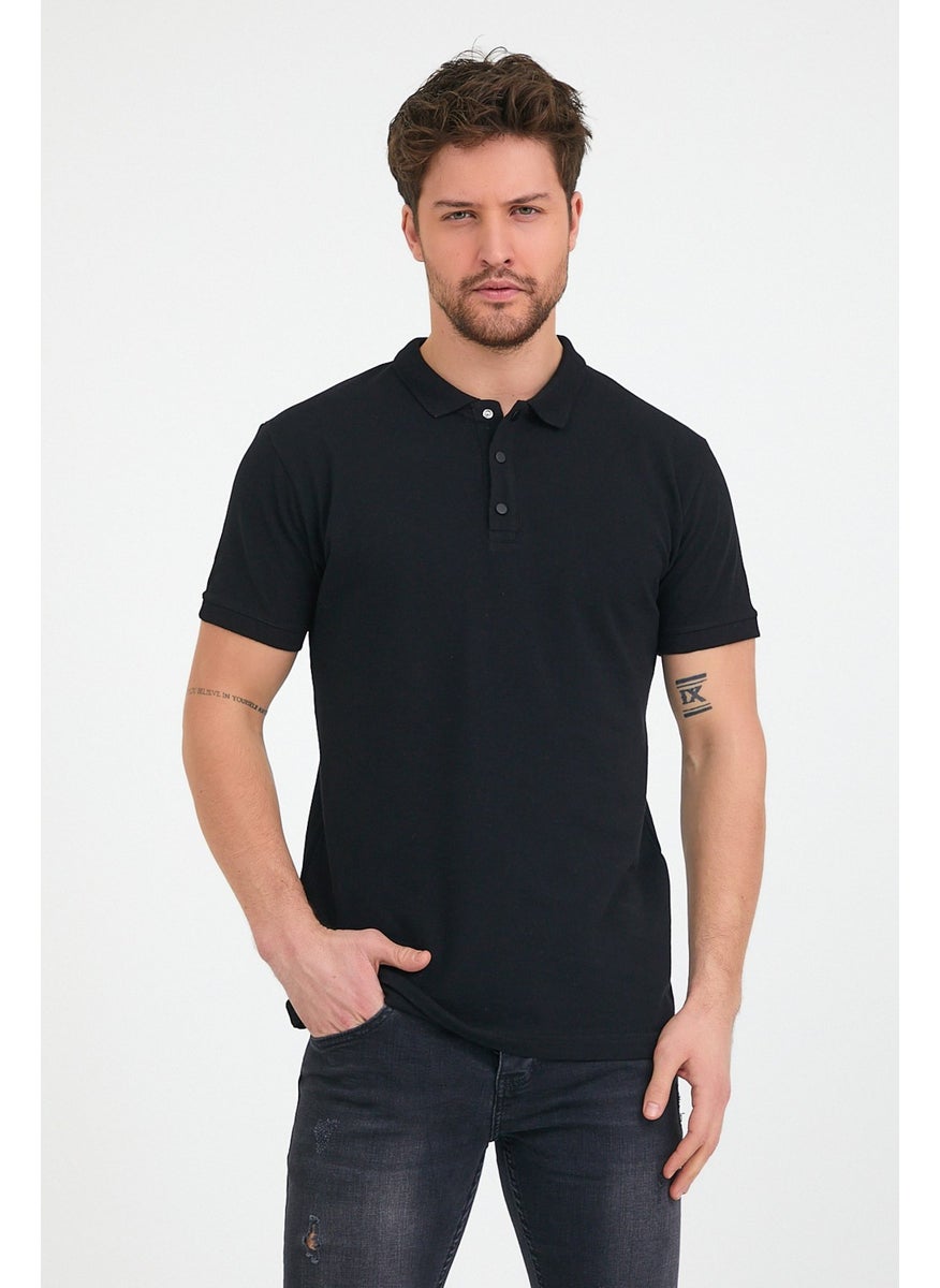 Oscar Men's Black Snap Detail Polo Collar Standard Fit Plain Cotton T-Shirt