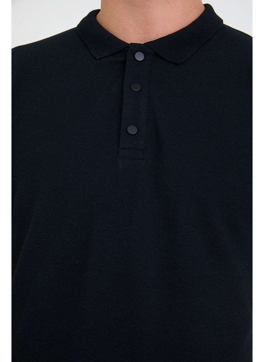 Oscar Men's Black Snap Detail Polo Collar Standard Fit Plain Cotton T-Shirt